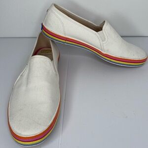 KATE Spade X Keds Double Decker Twill White Slip-On Sneakers with Rainbow Trim